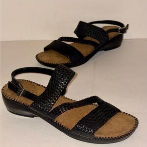Dr Scholls Strappy Woven Black Leather Cushioned Comfort Sandals